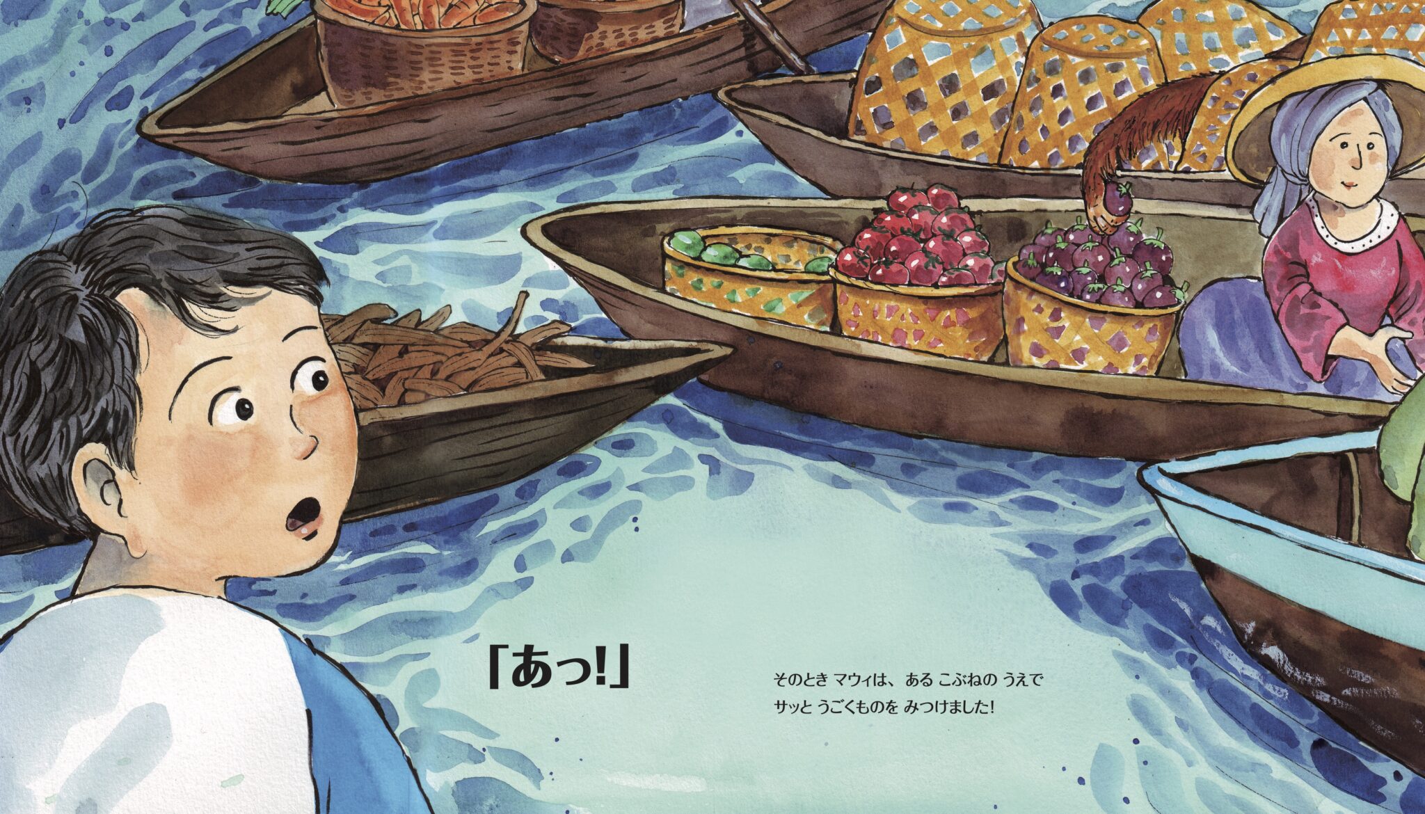 ミャンマーの水上マーケット（油絵）